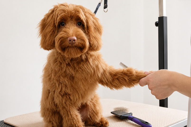 A puppy being gently groomed at Hound Pet Salon, Kimberley